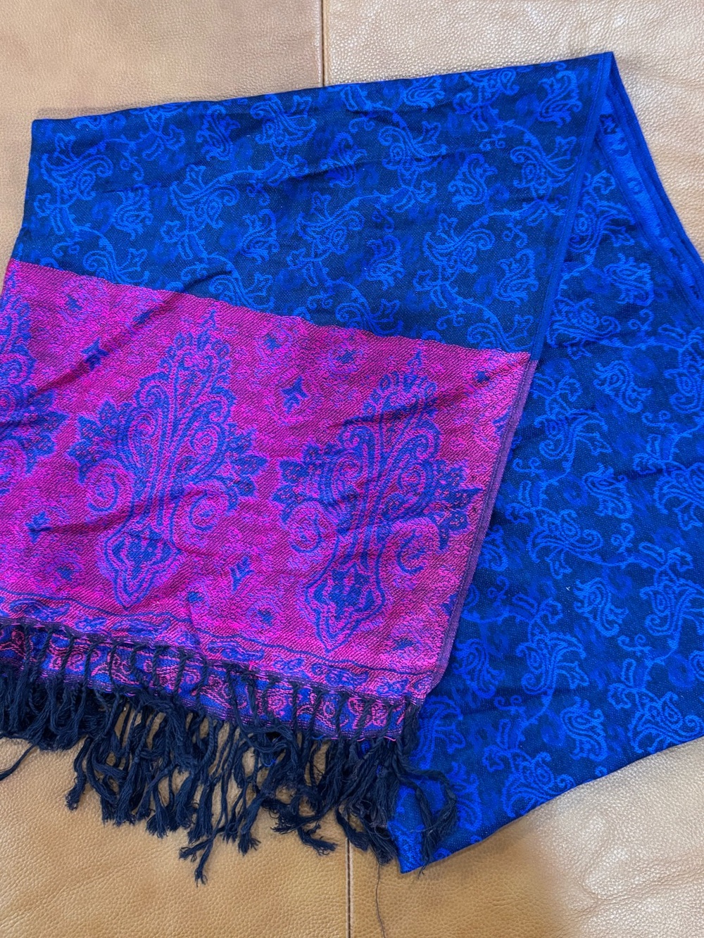 Pashmina Cashmere Paisley Scarf Wrap Blue Pink Fringe 66 x 26”